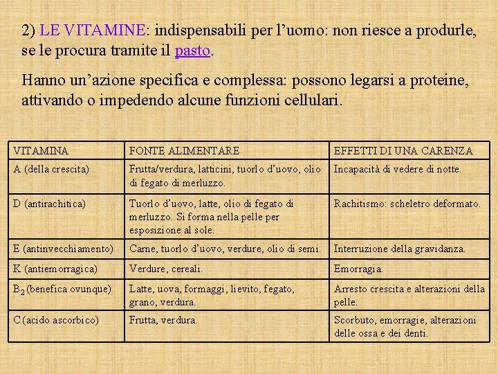 2) LE VITAMINE: indispensabili per l’uomo: non riesce a produrle, se le procura tramite