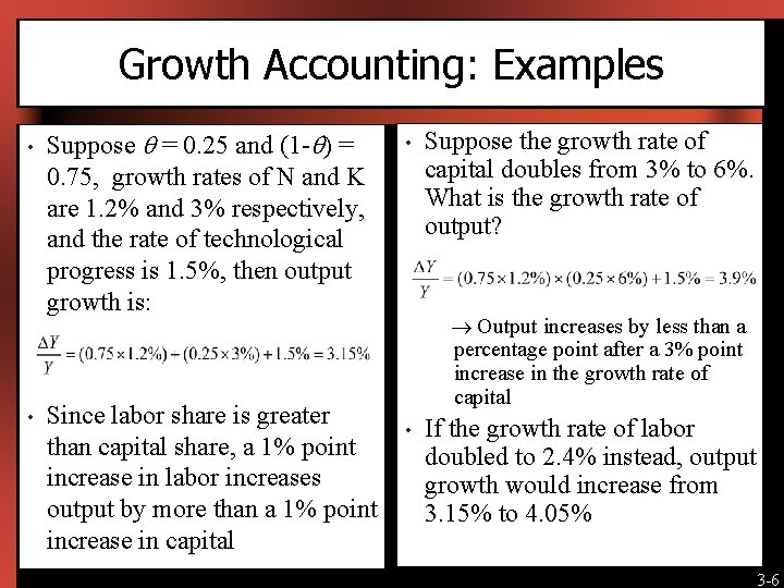 Growth Accounting: Examples • • Suppose = 0. 25 and (1 - ) =