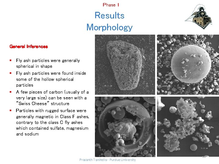 Phase 1 Results Morphology General Inferences § Fly ash particles were generally spherical in