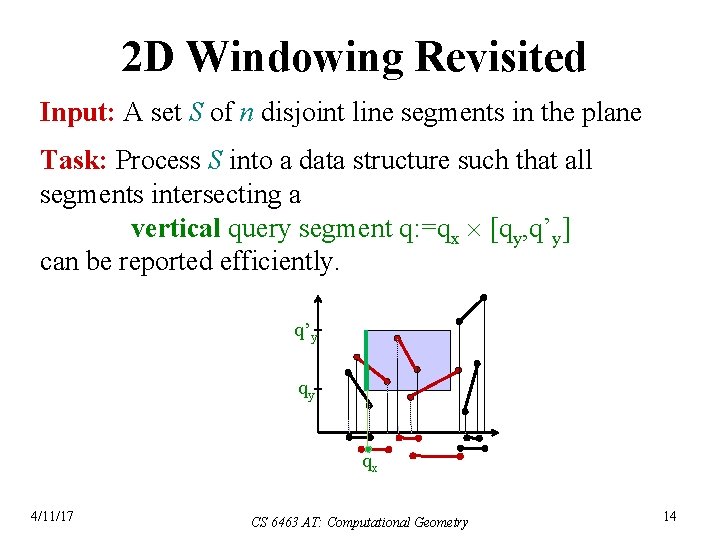 2 D Windowing Revisited Input: A set S of n disjoint line segments in