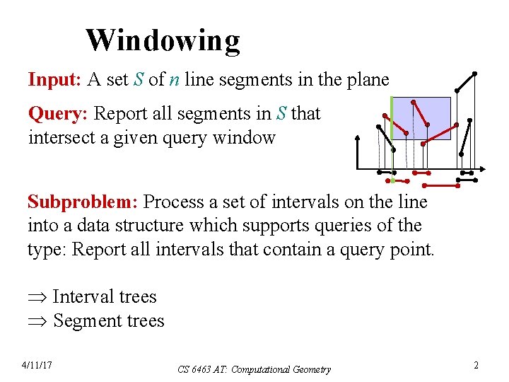 Windowing Input: A set S of n line segments in the plane Query: Report