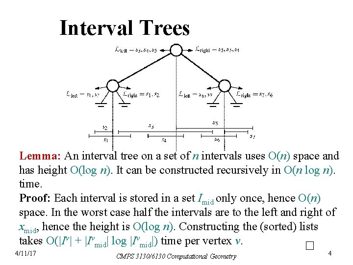 Interval Trees Lemma: An interval tree on a set of n intervals uses O(n)