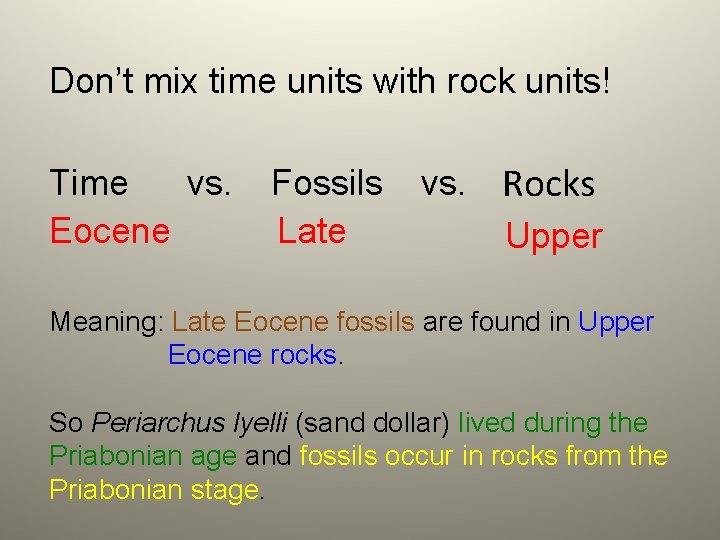 Don’t mix time units with rock units! vs. Time Eocene Fossils Late vs. Rocks