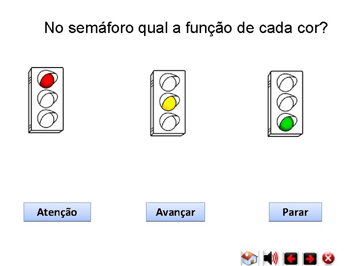 No semáforo qual a função de cada cor? Atenção Avançar Parar No semáforo qual a função de cada cor? Atenção Avançar Parar