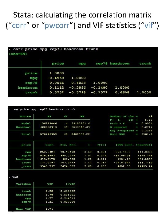 Stata: calculating the correlation matrix (“corr” or “pwcorr”) and VIF statistics (“vif”) 10 Stata: calculating the correlation matrix (“corr” or “pwcorr”) and VIF statistics (“vif”) 10
