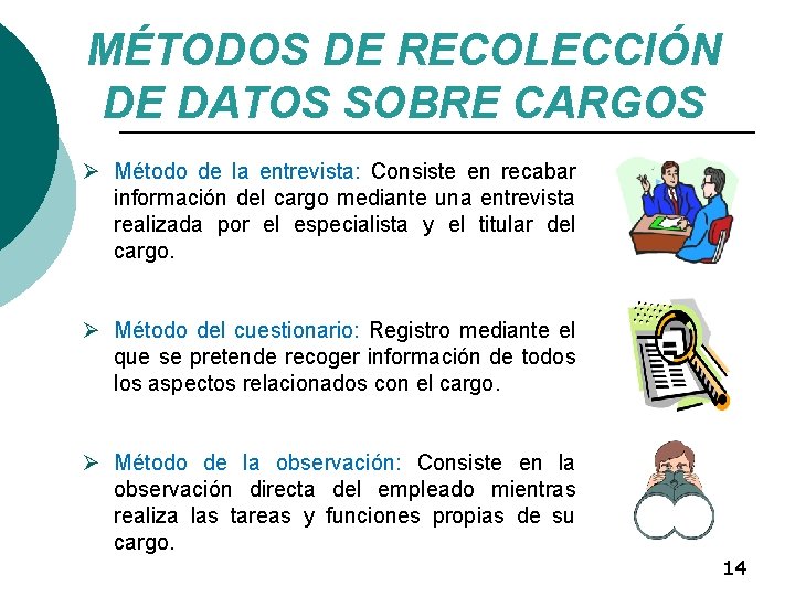 MÉTODOS DE RECOLECCIÓN DE DATOS SOBRE CARGOS Ø Método de la entrevista: Consiste en