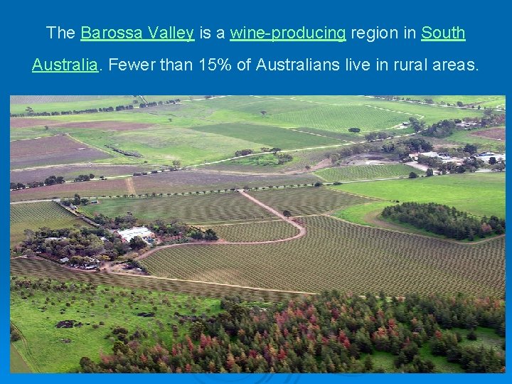 The Barossa Valley is a wine-producing region in South Australia. Fewer than 15% of