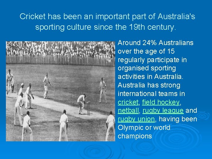  Cricket has been an important part of Australia's sporting culture since the 19