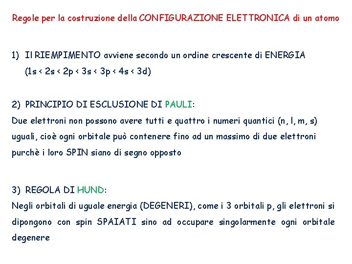 Regole per la costruzione della CONFIGURAZIONE ELETTRONICA di un atomo 1) Il RIEMPIMENTO avviene