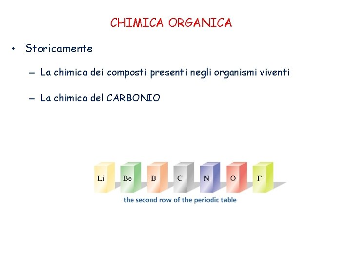 CHIMICA ORGANICA • Storicamente – La chimica dei composti presenti negli organismi viventi –