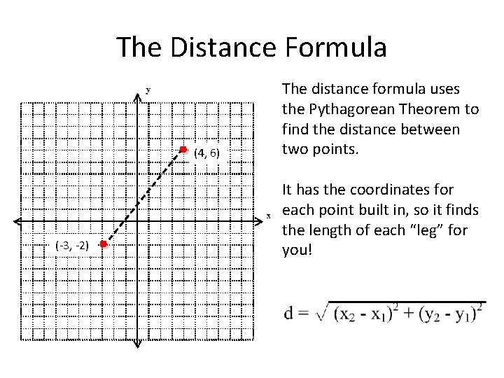 The Distance Formula . (-3, -2) . (4, 6) The distance formula uses the