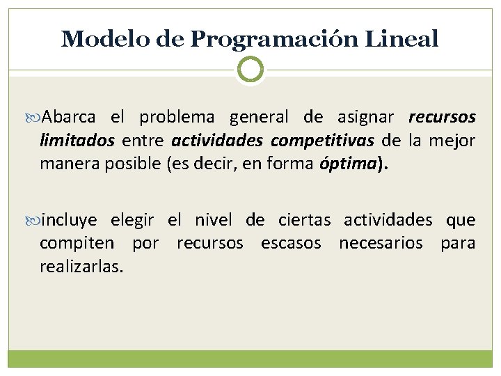 Modelo de Programación Lineal Abarca el problema general de asignar recursos limitados entre actividades