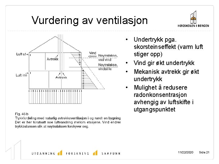 Vurdering av ventilasjon • Undertrykk pga. skorsteinseffekt (varm luft stiger opp) • Vind gir