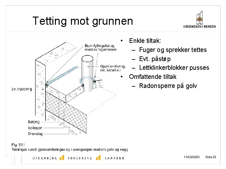 Tetting mot grunnen • Enkle tiltak: – Fuger og sprekker tettes – Evt. påstøp