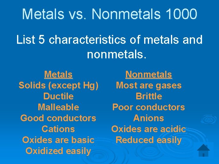 Metals vs. Nonmetals 1000 List 5 characteristics of metals and nonmetals. Metals Solids (except