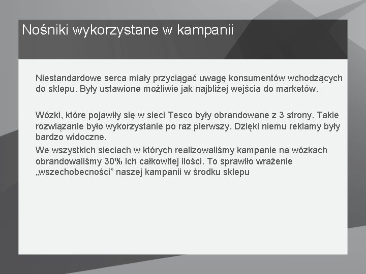 Nośniki wykorzystane w kampanii Niestandardowe serca miały przyciągać uwagę konsumentów wchodzących do sklepu. Były