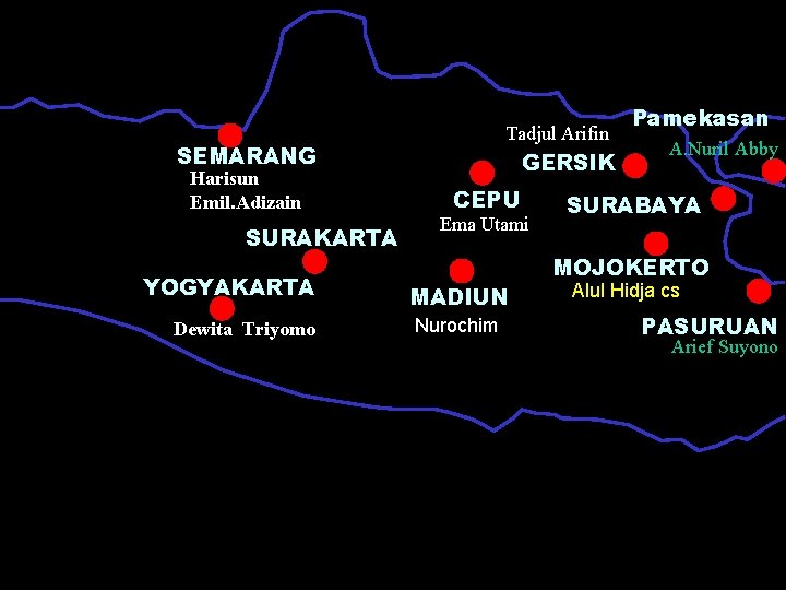 Tadjul Arifin SEMARANG Harisun Emil. Adizain SURAKARTA YOGYAKARTA Dewita Triyomo GERSIK CEPU Ema Utami