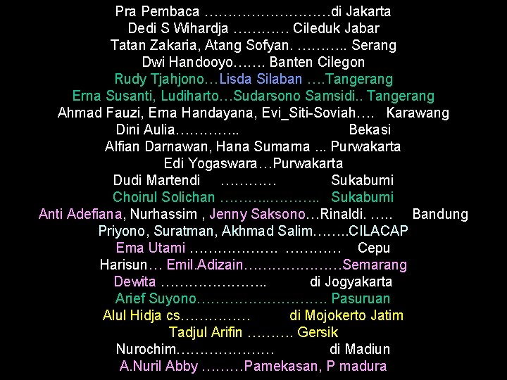 Pra Pembaca ……………di Jakarta Dedi S Wihardja ………… Cileduk Jabar Tatan Zakaria, Atang Sofyan.