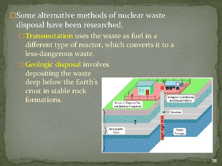 �Some alternative methods of nuclear waste disposal have been researched. � Transmutation uses the