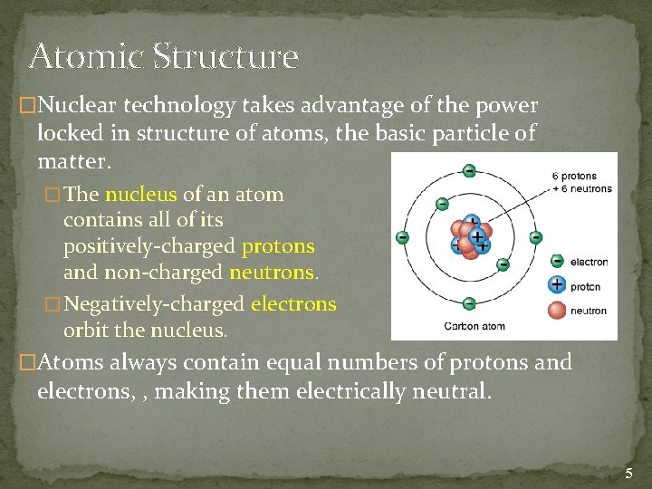 Atomic Structure �Nuclear technology takes advantage of the power locked in structure of atoms,