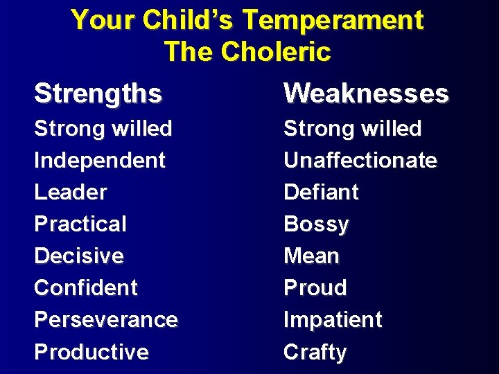 Your Child’s Temperament The Choleric Strengths Weaknesses Strong willed Independent Leader Practical Decisive Confident