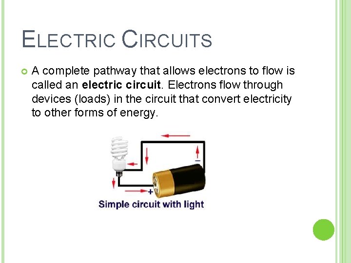 ELECTRIC CIRCUITS A complete pathway that allows electrons to flow is called an electric