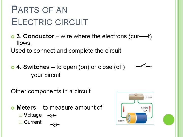 PARTS OF AN ELECTRIC CIRCUIT 3. Conductor – wire where the electrons (current) flows,