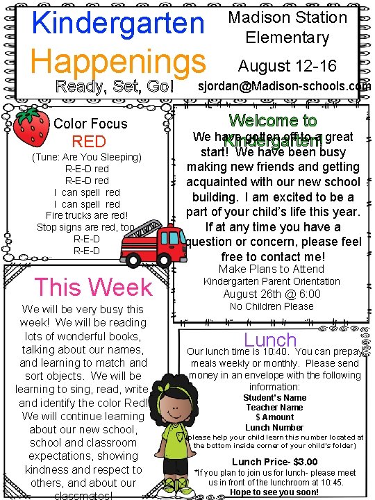 Kindergarten Happenings Ready, Set, Go! Color Focus RED (Tune: Are You Sleeping) R-E-D red