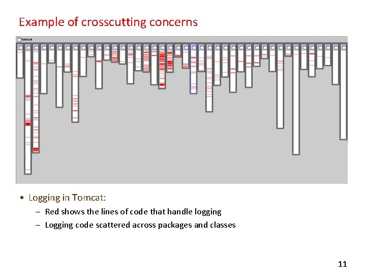 Example of crosscutting concerns • Logging in Tomcat: – Red shows the lines of