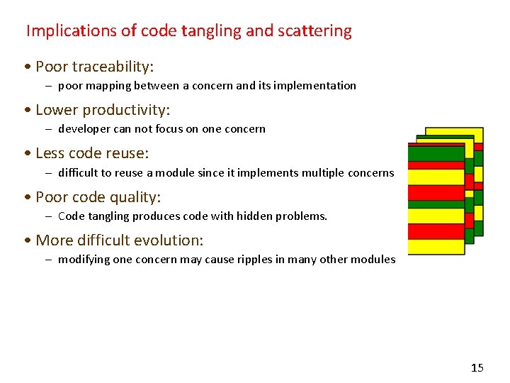 Implications of code tangling and scattering • Poor traceability: – poor mapping between a