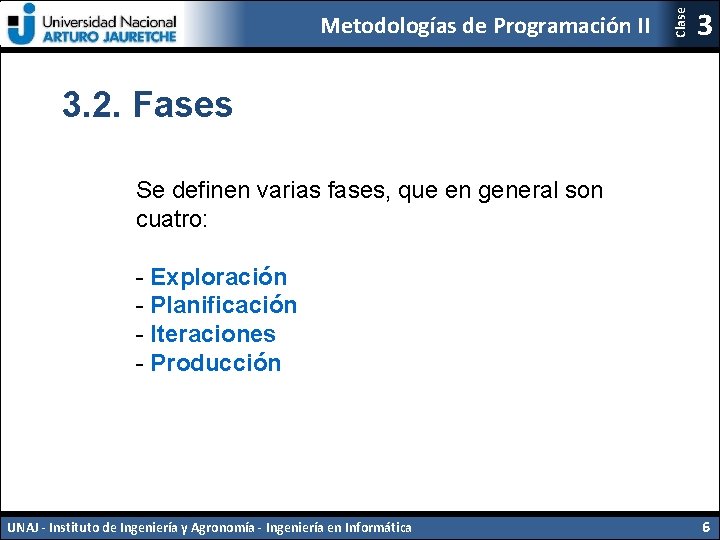 Clase Metodologías de Programación II 3 3. 2. Fases Se definen varias fases, que