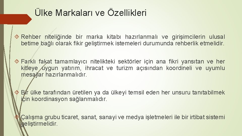 Ülke Markaları ve Özellikleri Rehber niteliğinde bir marka kitabı hazırlanmalı ve girişimcilerin ulusal betime