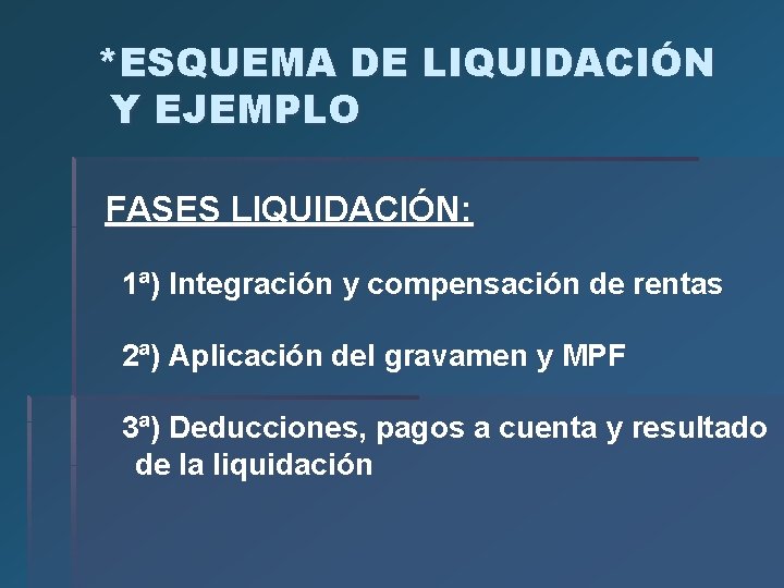 *ESQUEMA DE LIQUIDACIÓN Y EJEMPLO FASES LIQUIDACIÓN: 1ª) Integración y compensación de rentas 2ª) *ESQUEMA DE LIQUIDACIÓN Y EJEMPLO FASES LIQUIDACIÓN: 1ª) Integración y compensación de rentas 2ª)