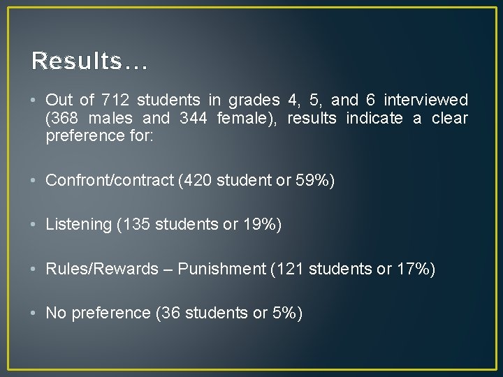 Results… • Out of 712 students in grades 4, 5, and 6 interviewed (368