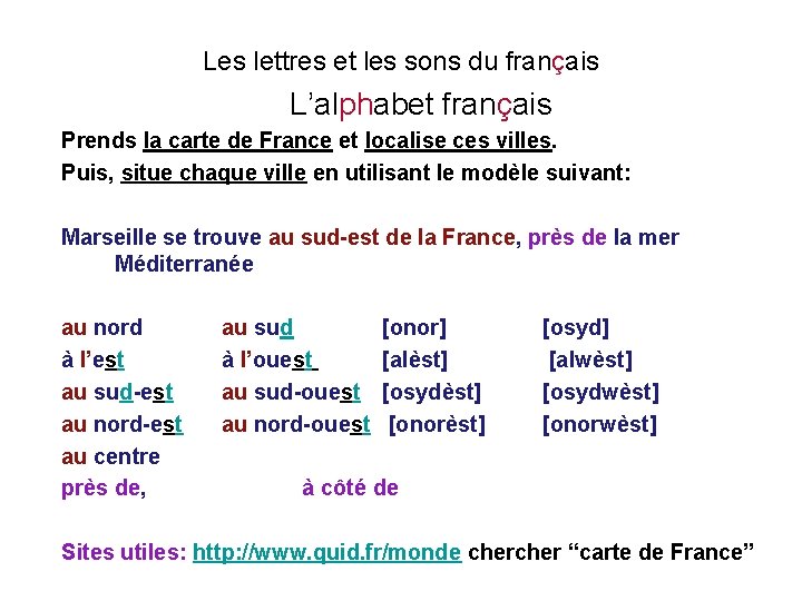 Les lettres et les sons du français L’alphabet français Prends la carte de France