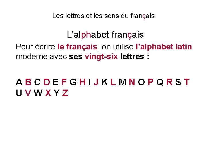 Les lettres et les sons du français L’alphabet français Pour écrire le français, on
