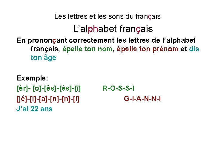 Les lettres et les sons du français L’alphabet français En prononçant correctement les lettres