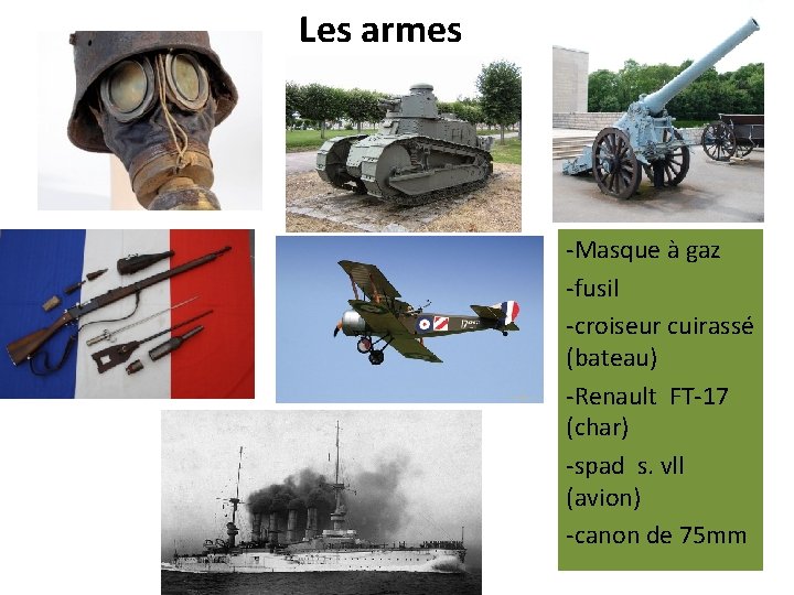 Les armes -Masque à gaz -fusil -croiseur cuirassé (bateau) -Renault FT-17 (char) -spad s.