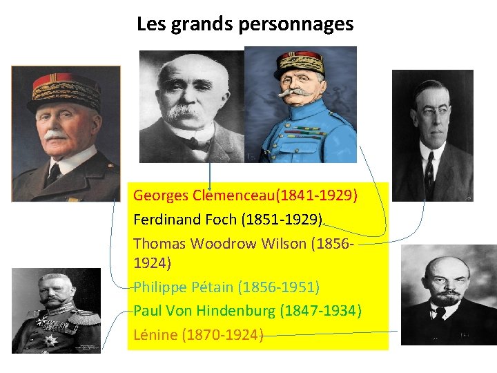 Les grands personnages Georges Clemenceau(1841 -1929) Ferdinand Foch (1851 -1929) Thomas Woodrow Wilson (18561924)