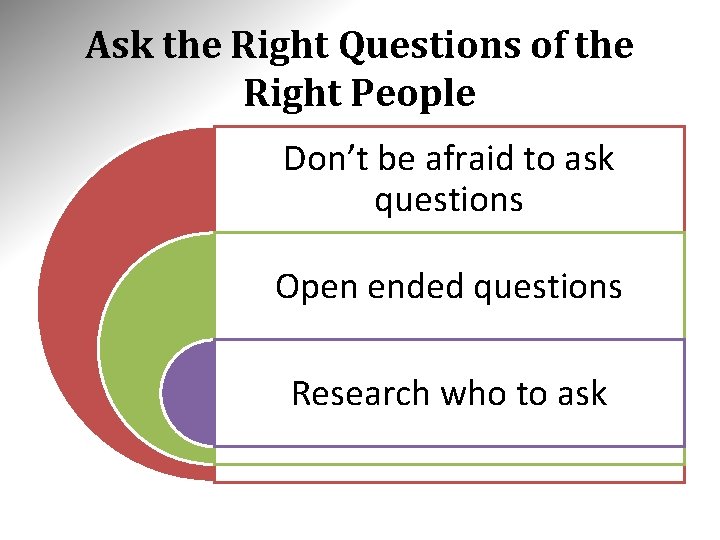 Ask the Right Questions of the Right People Don’t be afraid to ask questions