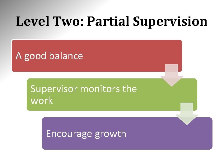 Level Two: Partial Supervision A good balance Supervisor monitors the work Encourage growth 
