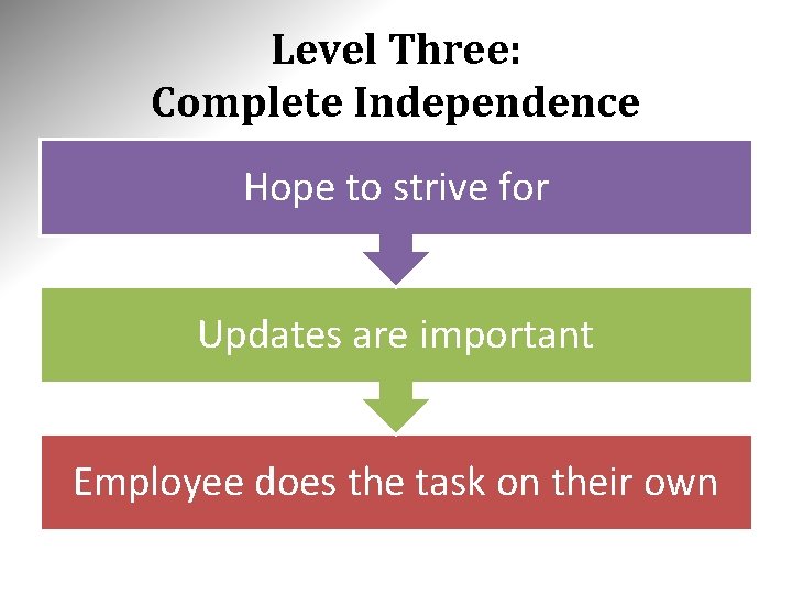 Level Three: Complete Independence Hope to strive for Updates are important Employee does the