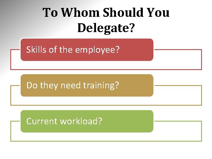 To Whom Should You Delegate? Skills of the employee? Do they need training? Current