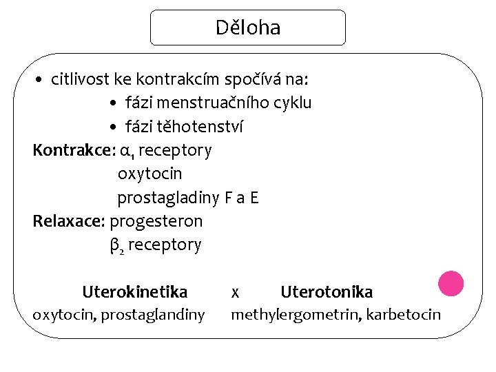 Děloha • citlivost ke kontrakcím spočívá na: • fázi menstruačního cyklu • fázi těhotenství