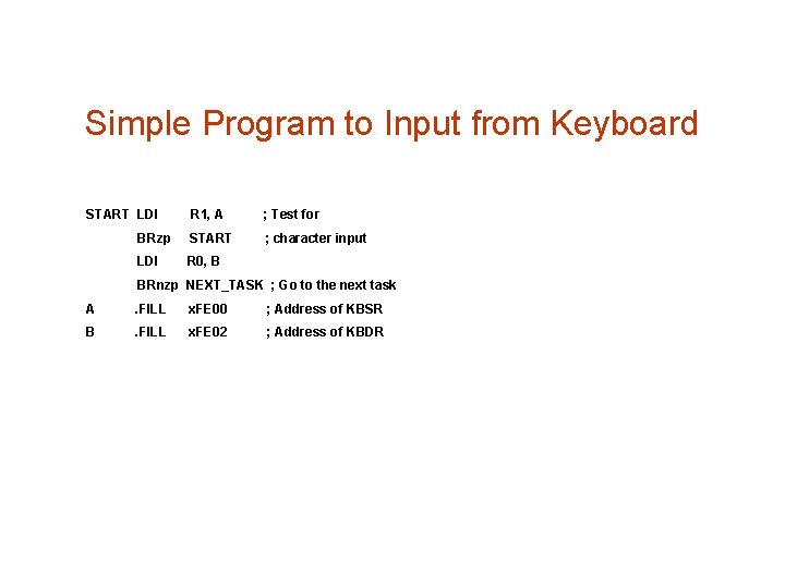 Simple Program to Input from Keyboard START LDI R 1, A ; Test for