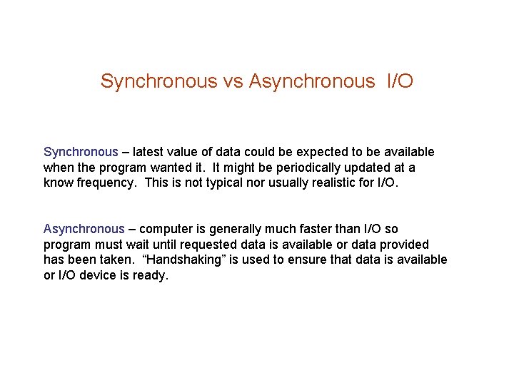 Synchronous vs Asynchronous I/O Synchronous – latest value of data could be expected to