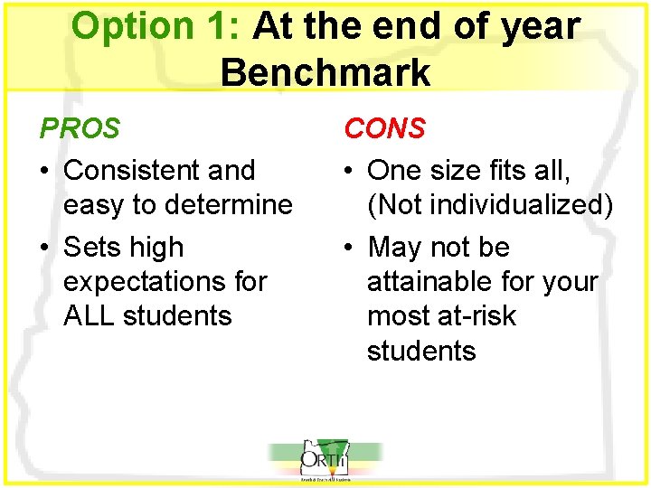 Option 1: At the end of year Benchmark PROS • Consistent and easy to