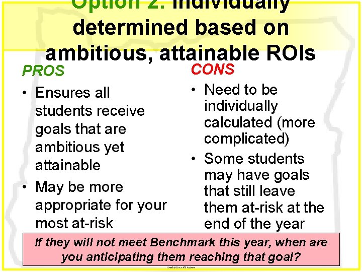 Option 2: Individually determined based on ambitious, attainable ROIs CONS PROS • Need to