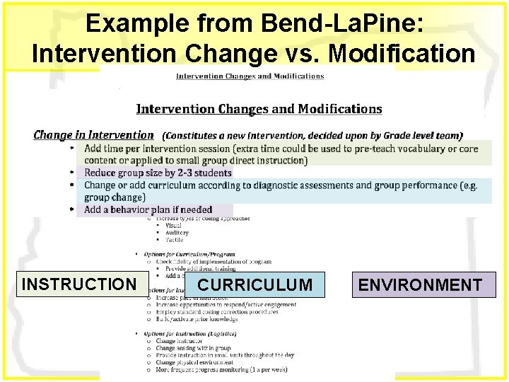 Example from Bend-La. Pine: Intervention Change vs. Modification INSTRUCTION CURRICULUM ENVIRONMENT 