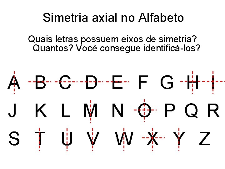 Simetria axial no Alfabeto Quais letras possuem eixos de simetria? Quantos? Você consegue identificá-los?